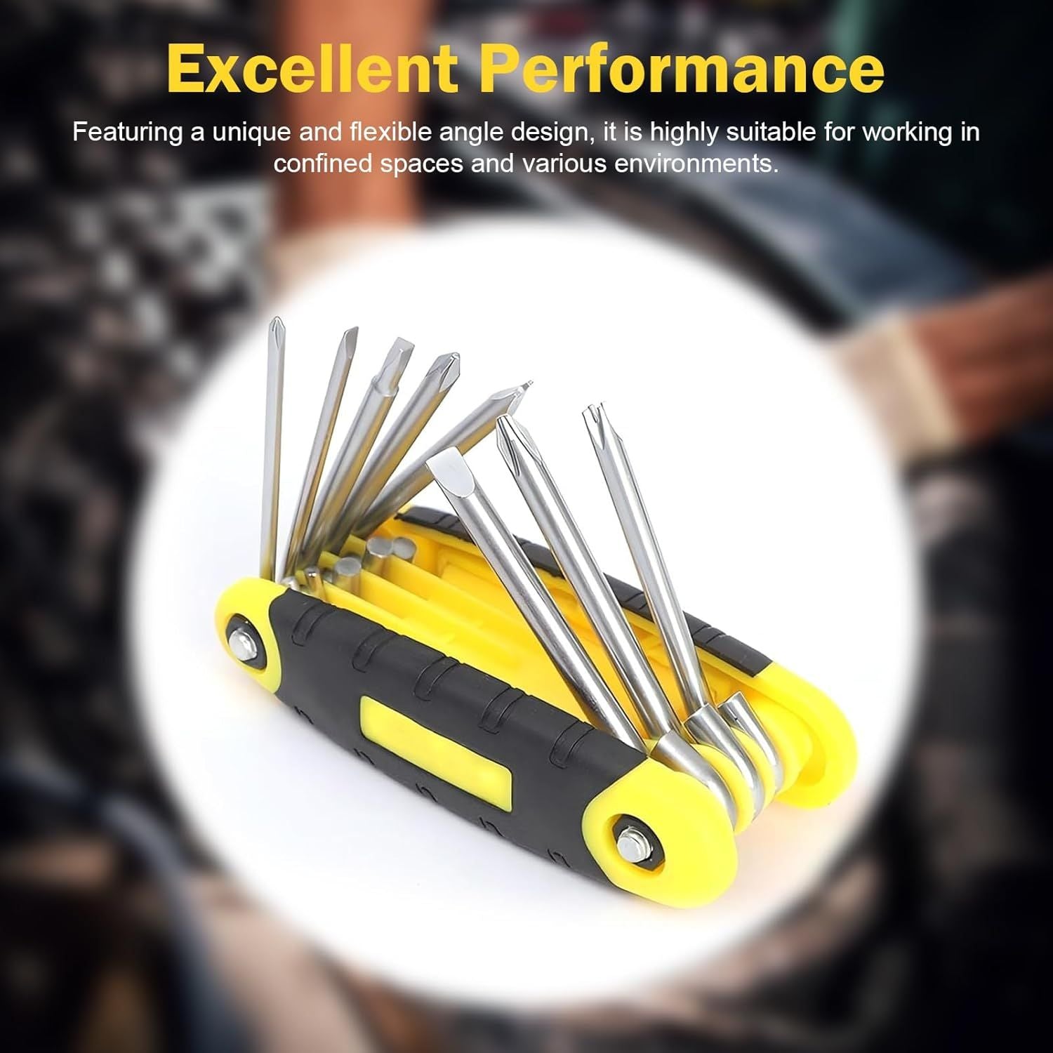 Folding Screwdriver Set, 8-in-1 Foldable High Leverage Screwdriver with Non-slip Handle, Carbon Steel Rustproof Portable Tool, Repair Tool for Car & Bike & Home (Yellow)