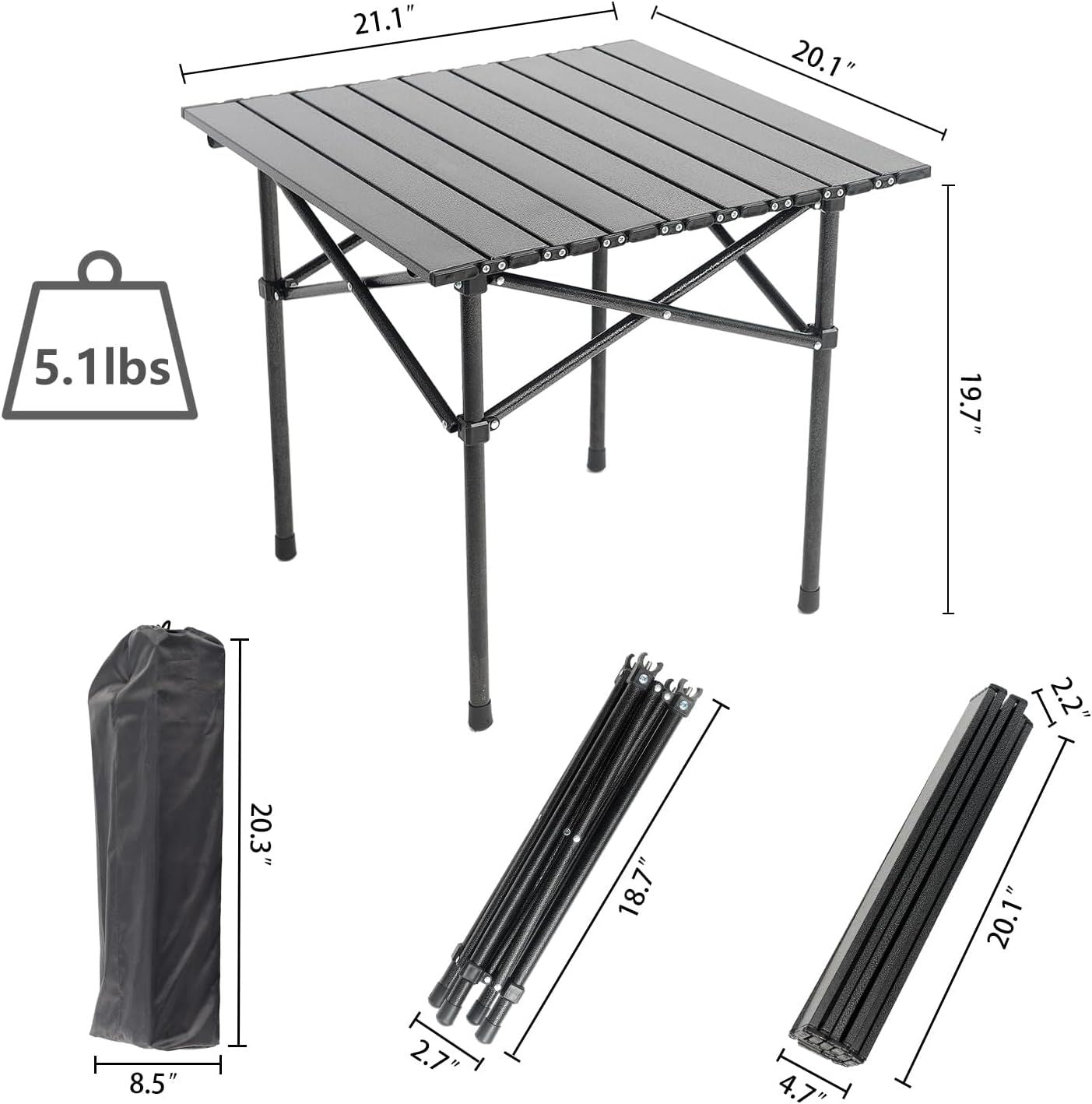 Portable Camping Table Folding Side Table Aluminum Lightweight Table with Carry Bag for Outdoor Cooking Hiking Picnics BBQ Travel (Black)