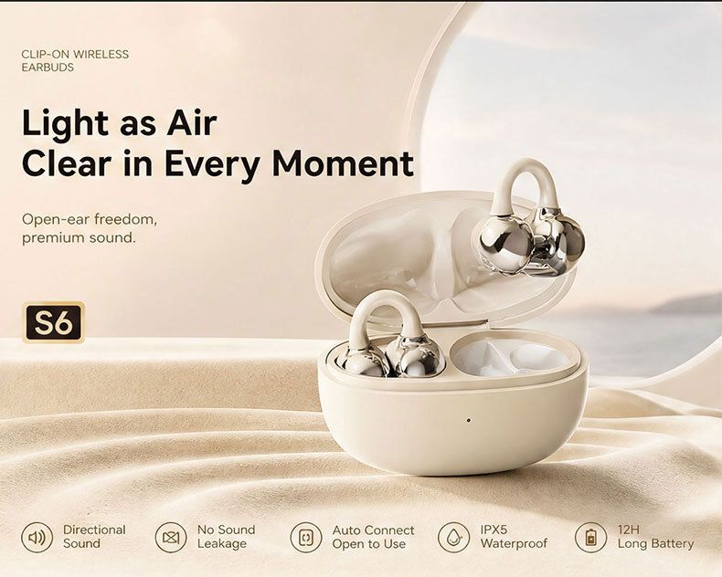 Clip-On Open-Ear Bluetooth Earbuds - Bluetooth 5.4 Wireless Headphones with 24H Playtime - Lightweight Clip Earphones for Sports Running - White