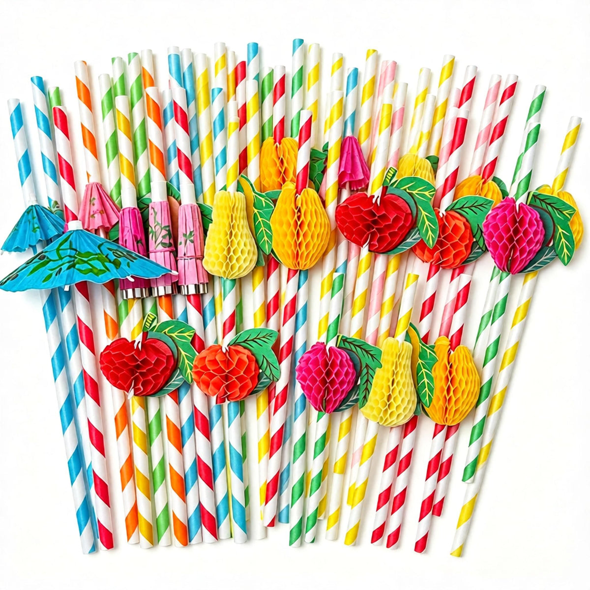 Hawaiian Party Straws Combo - 50pcs Umbrella Paper Straws + 50pcs Fruit Honeycomb Mixed Paper Straws, Total 100pcs - Tropical Luau Decoration Drinking Straws for Cocktail, Juice, Birthday, Wedding