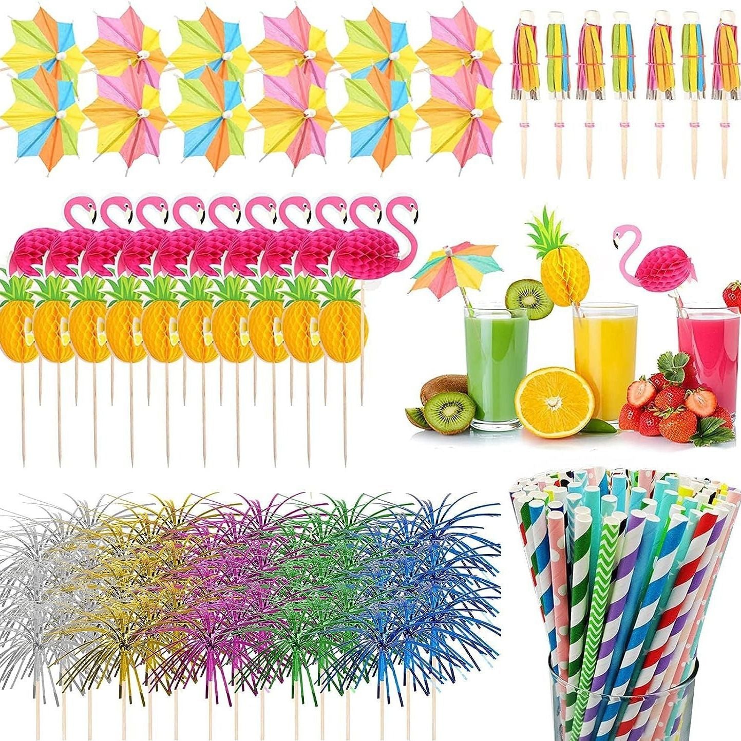 100Pcs Hawaiian Party Decoration Set - Tropical Luau Cupcake Toppers & Drink Stirrers with Pineapple, Flamingo, Umbrella Picks & Paper Straws - Mixed Color Baking Picks for Birthday Wedding