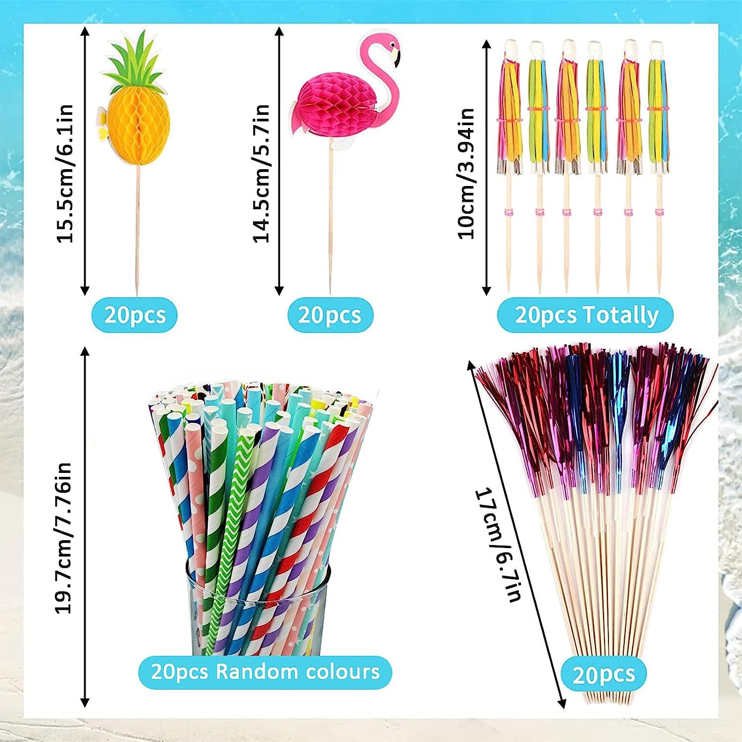 100Pcs Hawaiian Party Decoration Set - Tropical Luau Cupcake Toppers & Drink Stirrers with Pineapple, Flamingo, Umbrella Picks & Paper Straws - Mixed Color Baking Picks for Birthday Wedding
