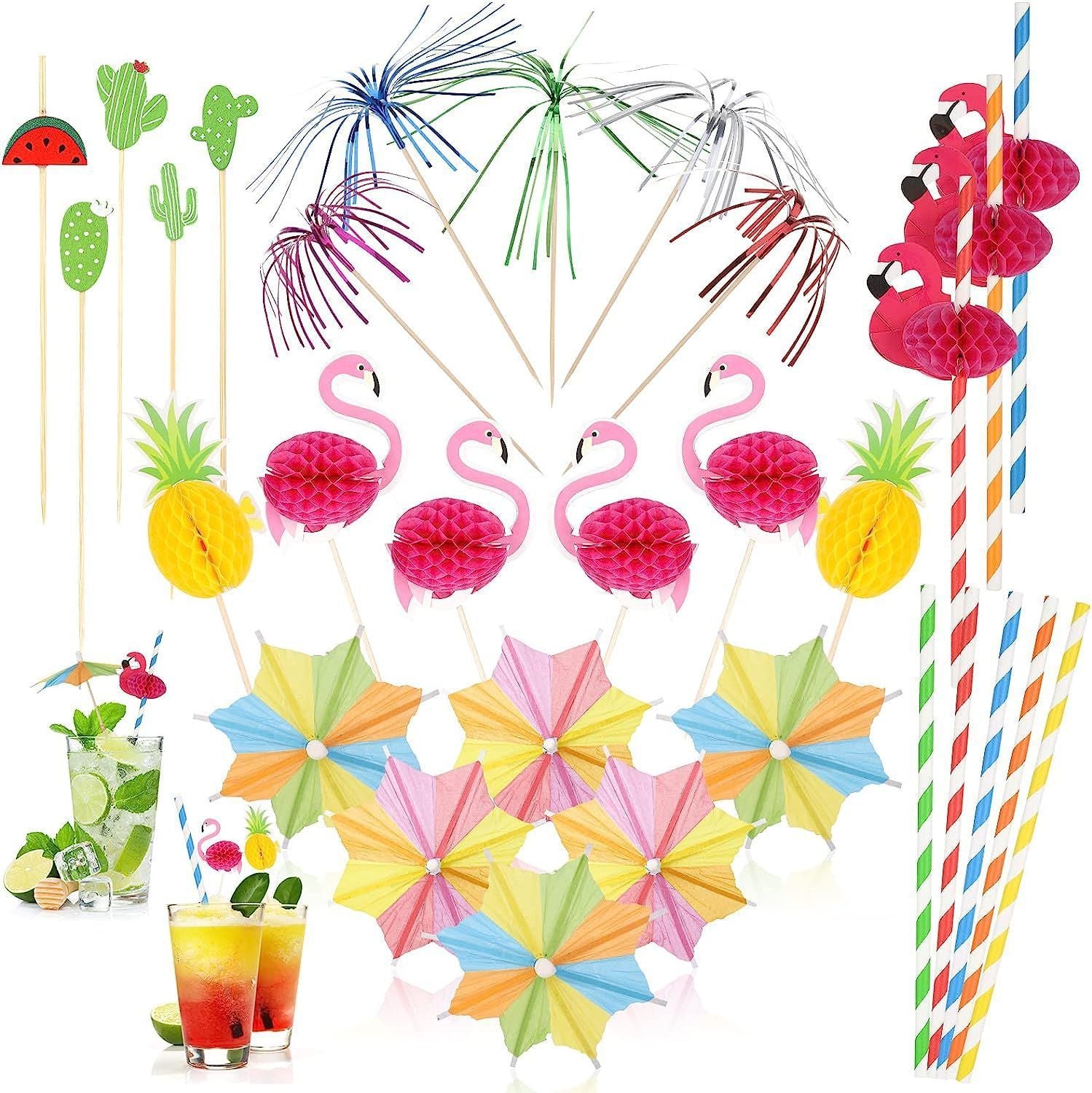 100Pcs Hawaiian Party Decoration Set - Tropical Luau Cupcake Toppers & Drink Stirrers with Pineapple, Flamingo, Umbrella Picks & Paper Straws - Mixed Color Baking Picks for Birthday Wedding