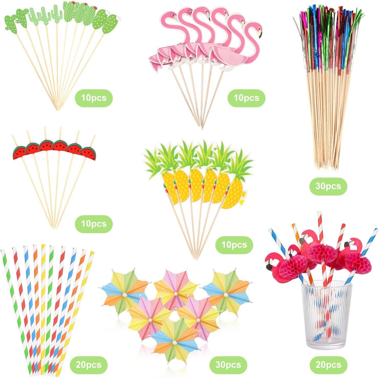 100Pcs Hawaiian Party Decoration Set - Tropical Luau Cupcake Toppers & Drink Stirrers with Pineapple, Flamingo, Umbrella Picks & Paper Straws - Mixed Color Baking Picks for Birthday Wedding