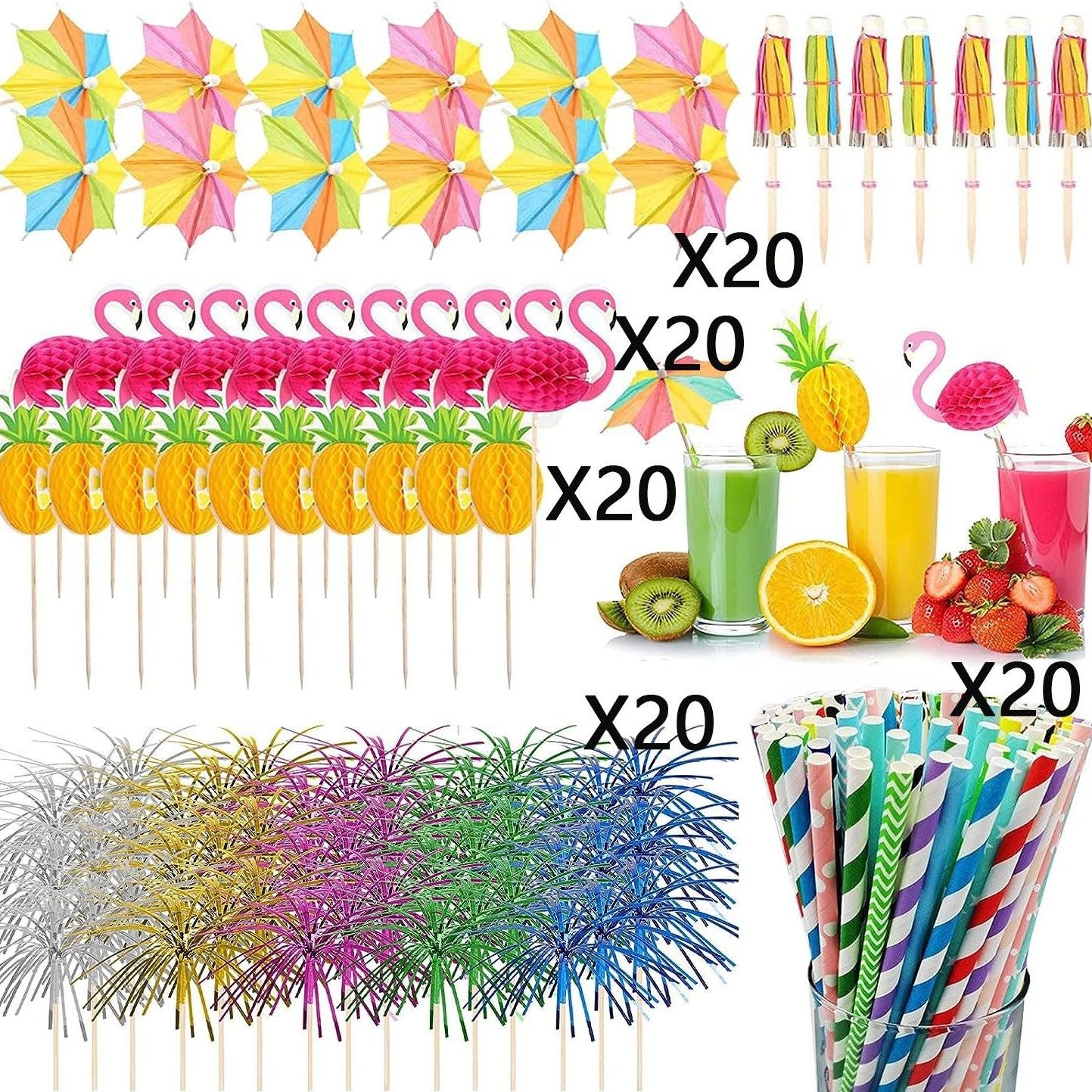 100Pcs Hawaiian Party Decoration Set - Tropical Luau Cupcake Toppers & Drink Stirrers with Pineapple, Flamingo, Umbrella Picks & Paper Straws - Mixed Color Baking Picks for Birthday Wedding
