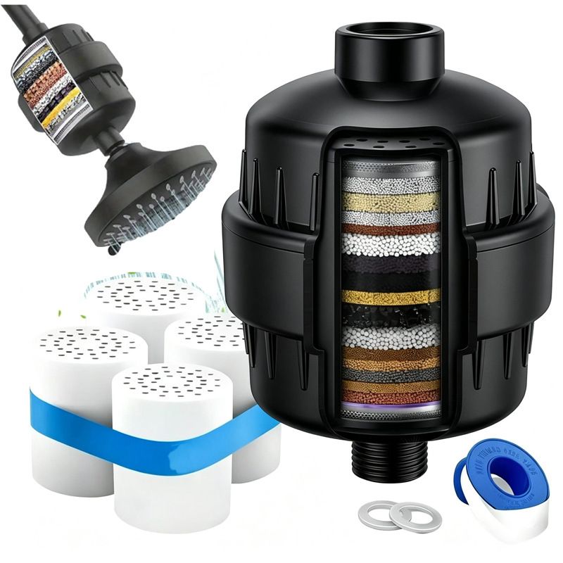 4 Inch 5-Mode Adjustable Shower Head with 20-Stage Filter - High Pressure Spray Nozzle for Bathroom Spa - Black 4 Inch with 3 Replacement Filters