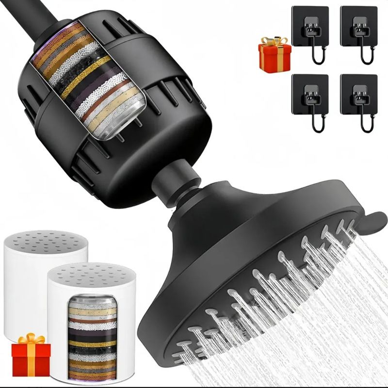 4 Inch 5-Mode Adjustable Shower Head with 20-Stage Filter - High Pressure Spray Nozzle for Bathroom Spa - Black 4 Inch with Filter and 4 Hooks