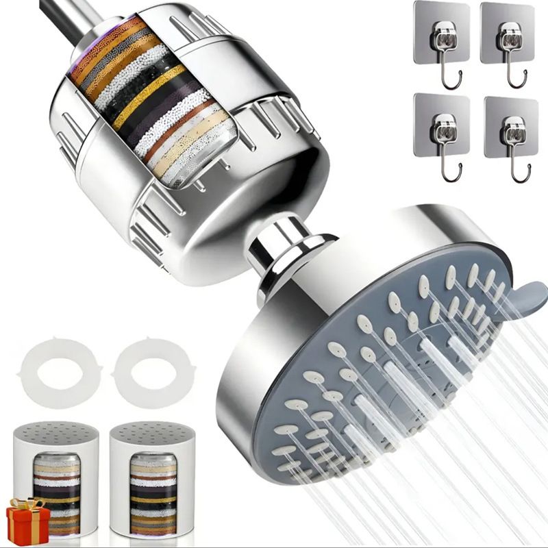 4 Inch 5-Mode Adjustable Shower Head with 20-Stage Filter - High Pressure Spray Nozzle for Bathroom Spa - Silver 4 Inch with Filter and 4 Hooks