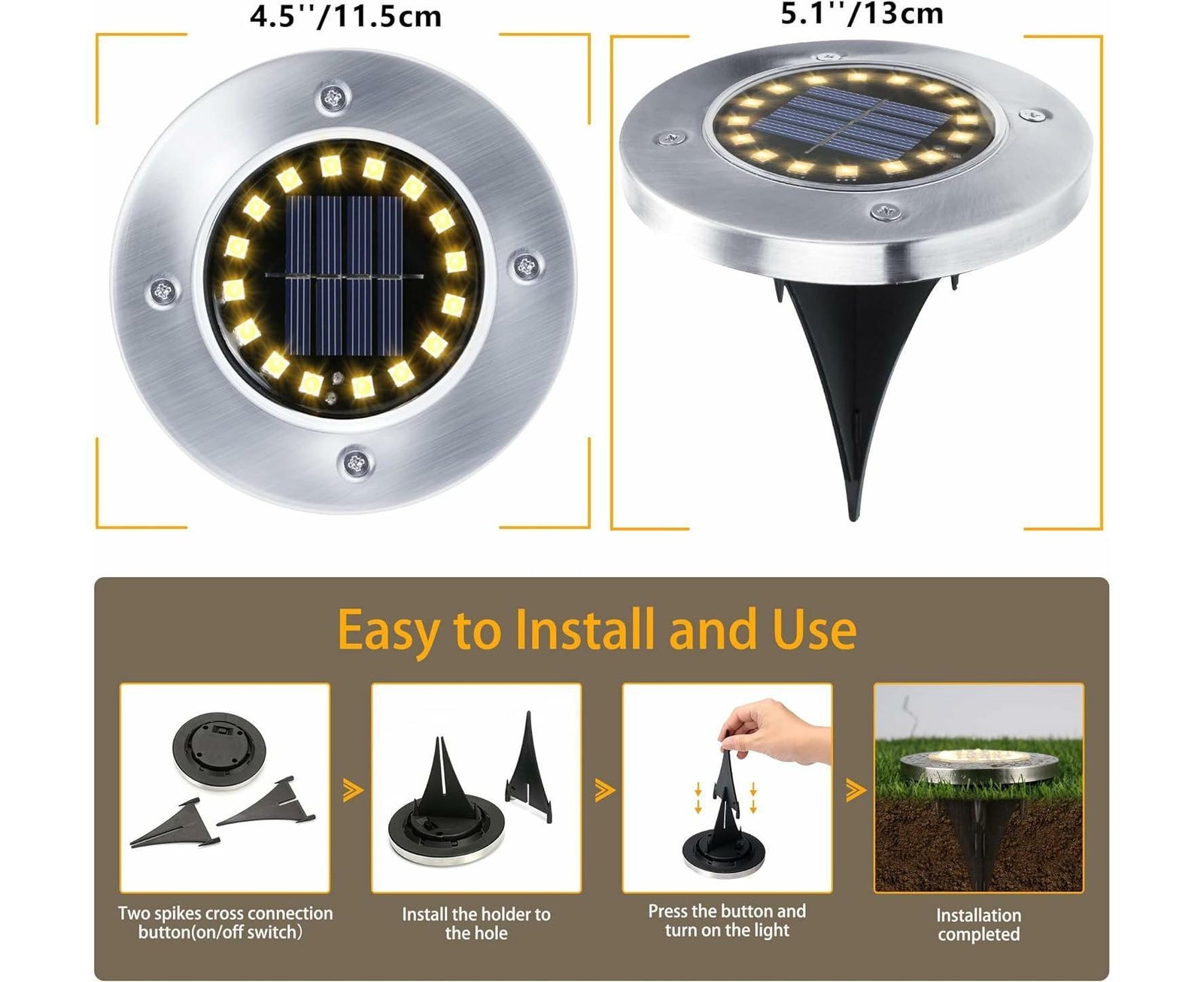 Outdoor Solar Buried Lights, 16 Led Warm White Waterproof Stainless Steel Spotlights For Patio, Yard Garden Path, Garage Walkway Decoration