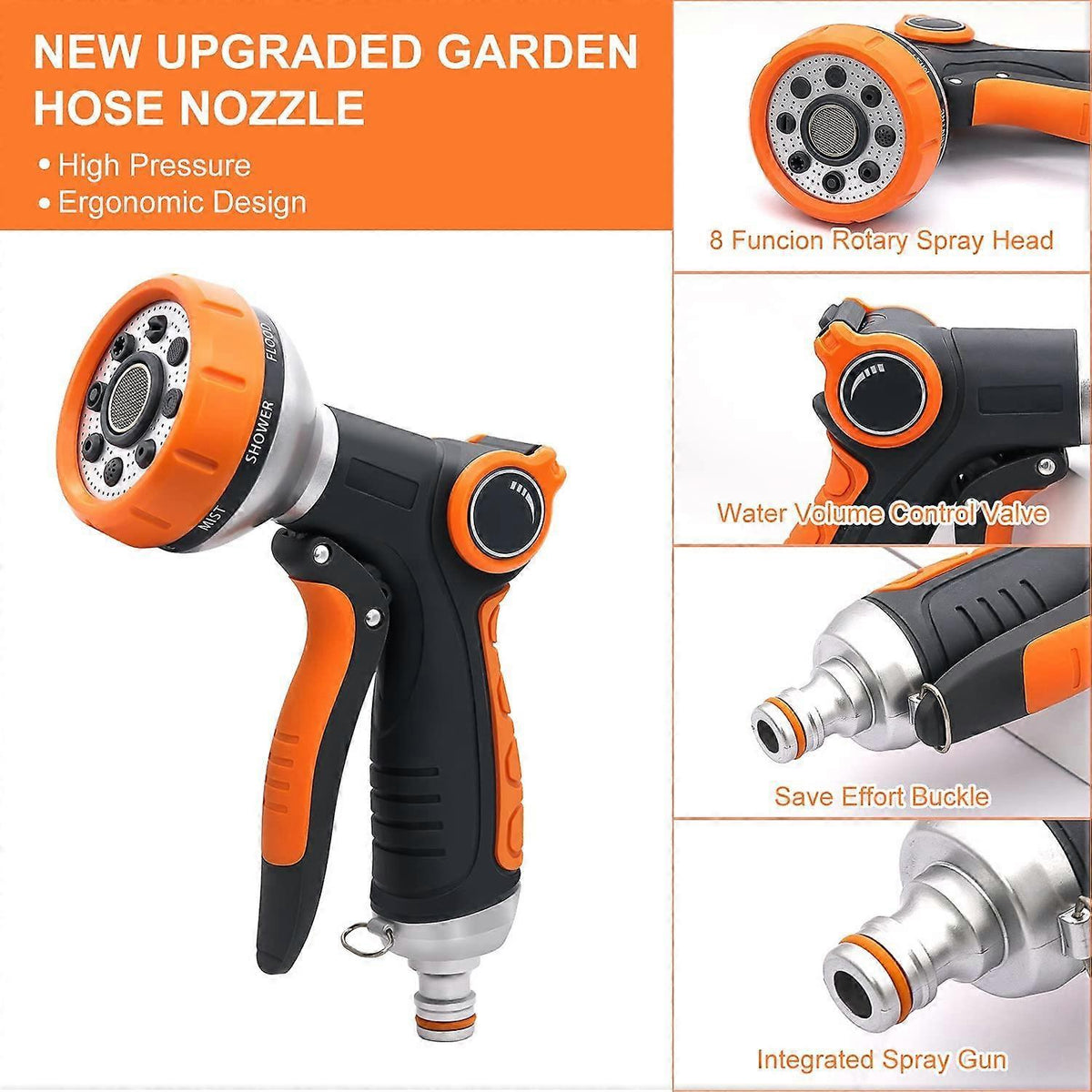 Watering gun with 8 watering modes, garden hose gun, high pressure hose nozzle, suitable for watering lawns, car washing, pet shower