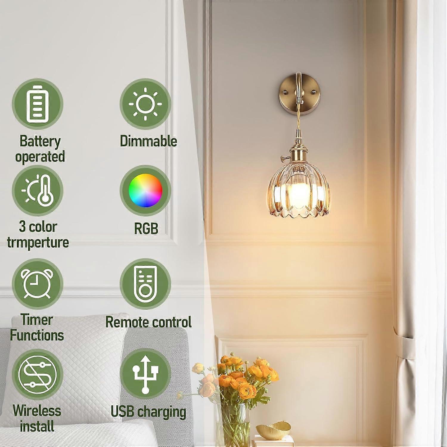 Battery Operated Wall Sconces Set of 2, Vintage Amber Glass, Rechargeable, Remote Dimmable