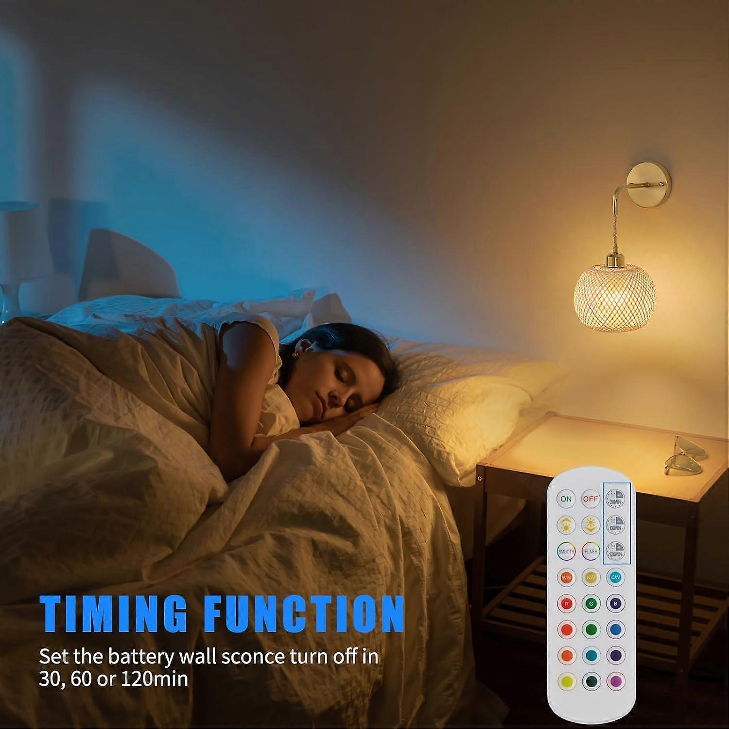 Battery Operated Wall Sconce Set of 2, Rechargeable Rattan RGB Light, Remote, Bedroom