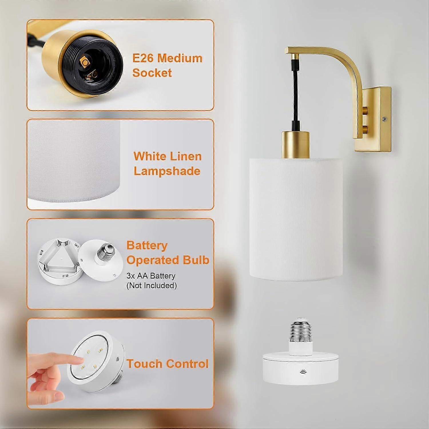 Battery Operated Wall Sconces Set of 2, Dimmable Wireless LED Lights, Remote, Gold