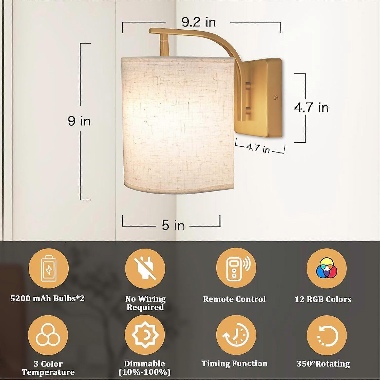 Battery Operated Wall Sconces Set of 2, Rechargeable LED Lights, Remote, 12 RGB Colors, Gold