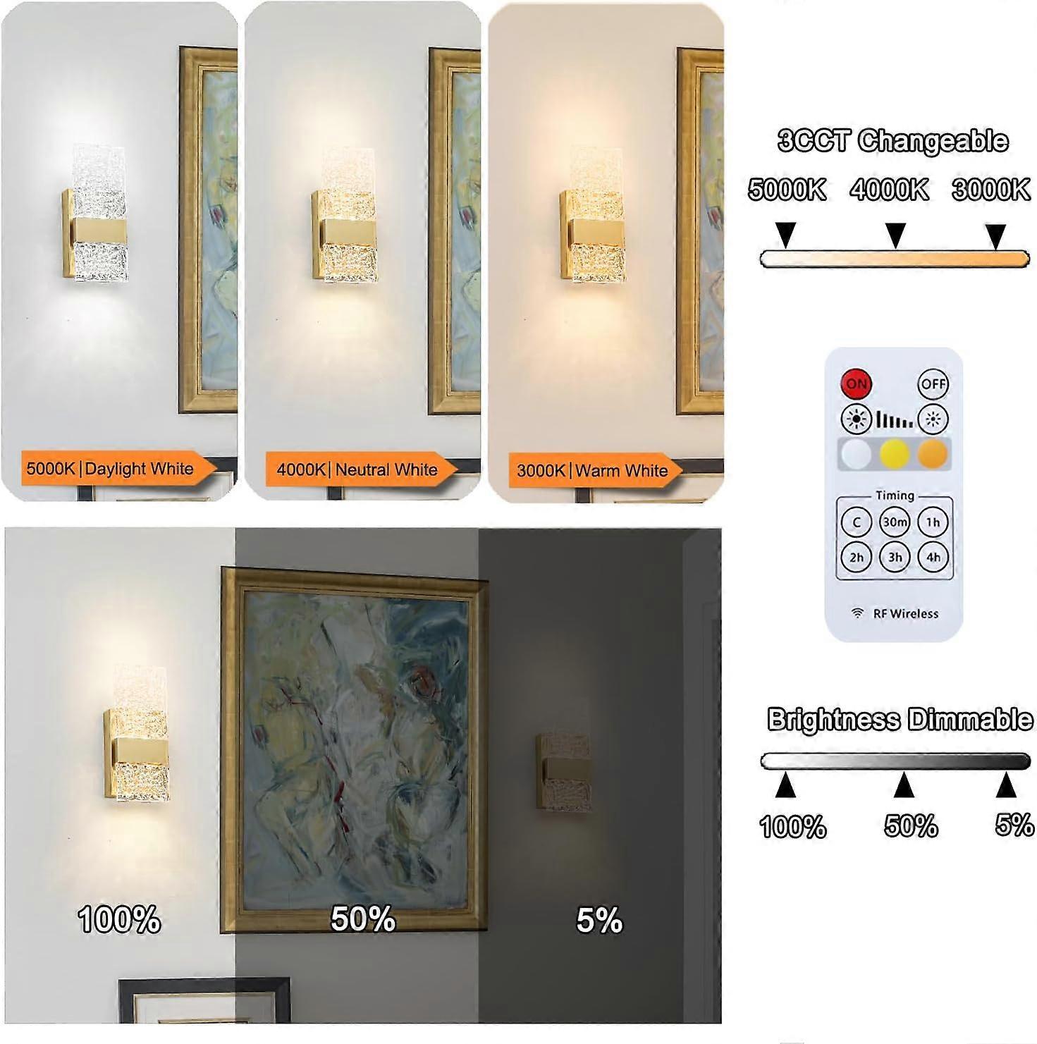 Battery Operated Wall Sconces Set of 2, Rechargeable LED Brass Gold Lights, Remote