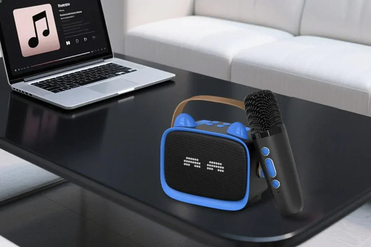 Mini Karaoke Machine Toys Gifts Portable MP3 Player with 2 Wireless Microphone - Blue