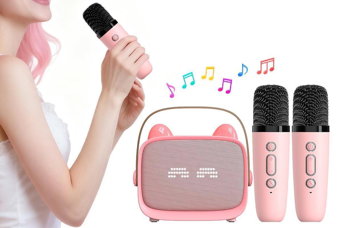 Mini Karaoke Machine Toys Gifts Portable MP3 Player with 2 Wireless Microphone - Blue