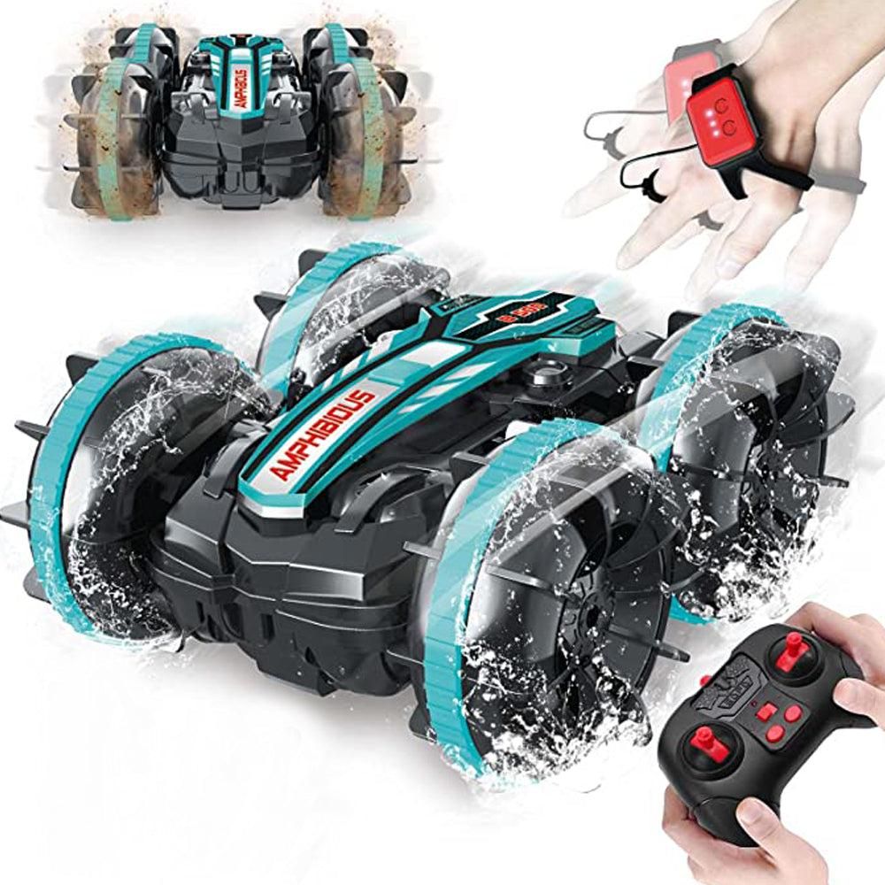 2.4Ghz Remote Control Gesture Sensor Toy Car Boat Truck 4WD Waterproof RC Amphibious Vehicle-Blue