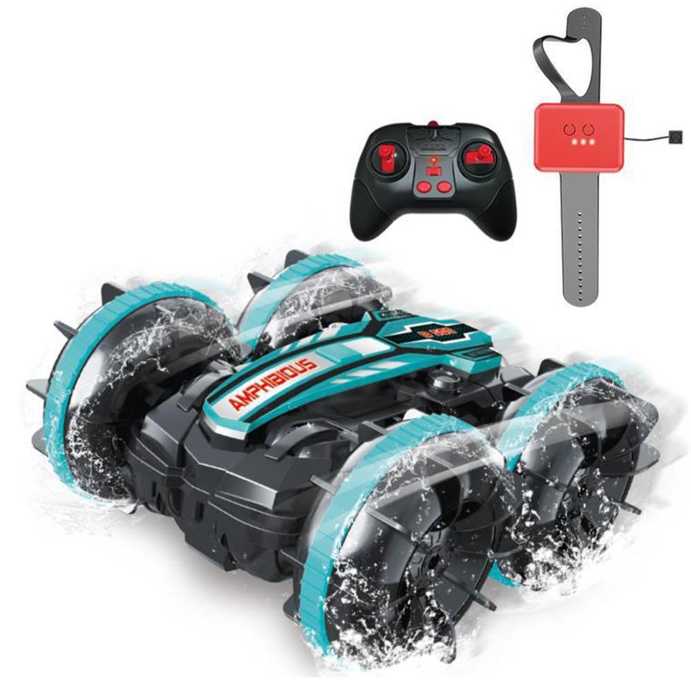 2.4Ghz Remote Control Gesture Sensor Toy Car Boat Truck 4WD Waterproof RC Amphibious Vehicle-Blue