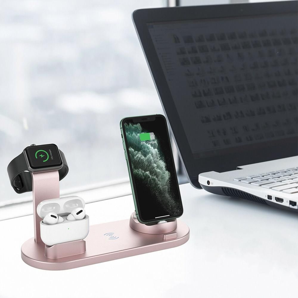 Wireless Charger Dock 3 in 1 Charging Station Wireless Charger Stand for Apple iPhone Watch -Rose gold