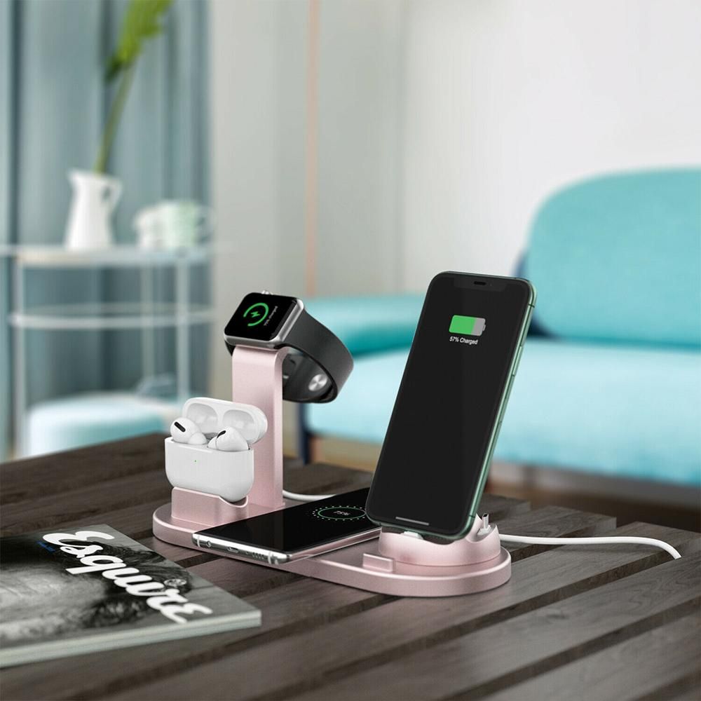 Wireless Charger Dock 3 in 1 Charging Station Wireless Charger Stand for Apple iPhone Watch -Rose gold