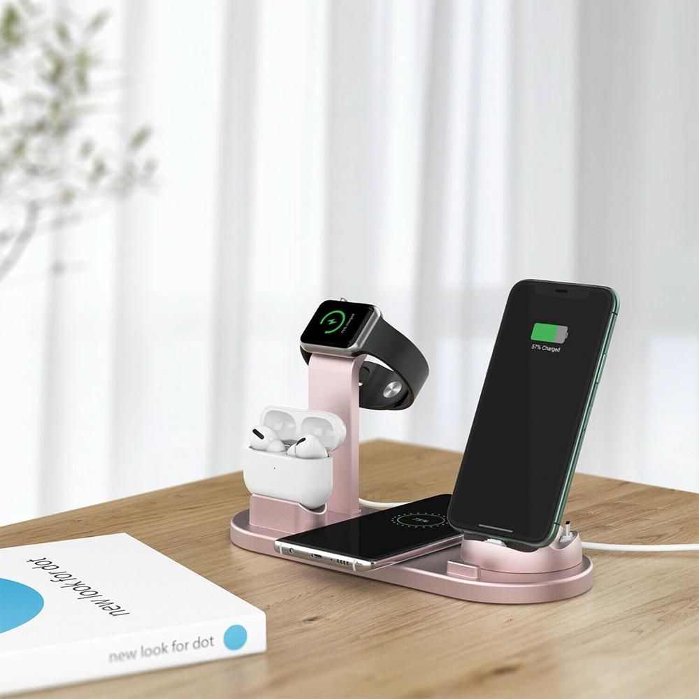 Wireless Charger Dock 3 in 1 Charging Station Wireless Charger Stand for Apple iPhone Watch -Rose gold