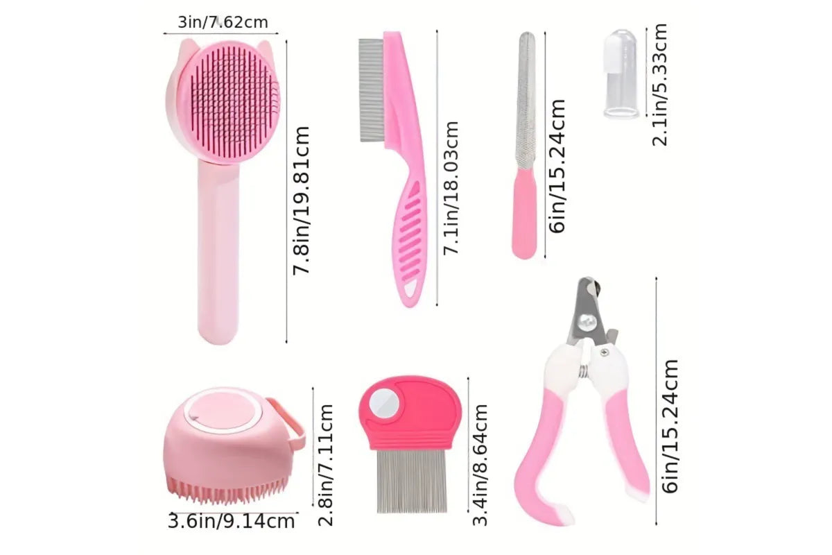 Pet Grooming Kit 8 Piece Nail Clipper File Deshedding Brush Flea Comb Toothbrush - Pink