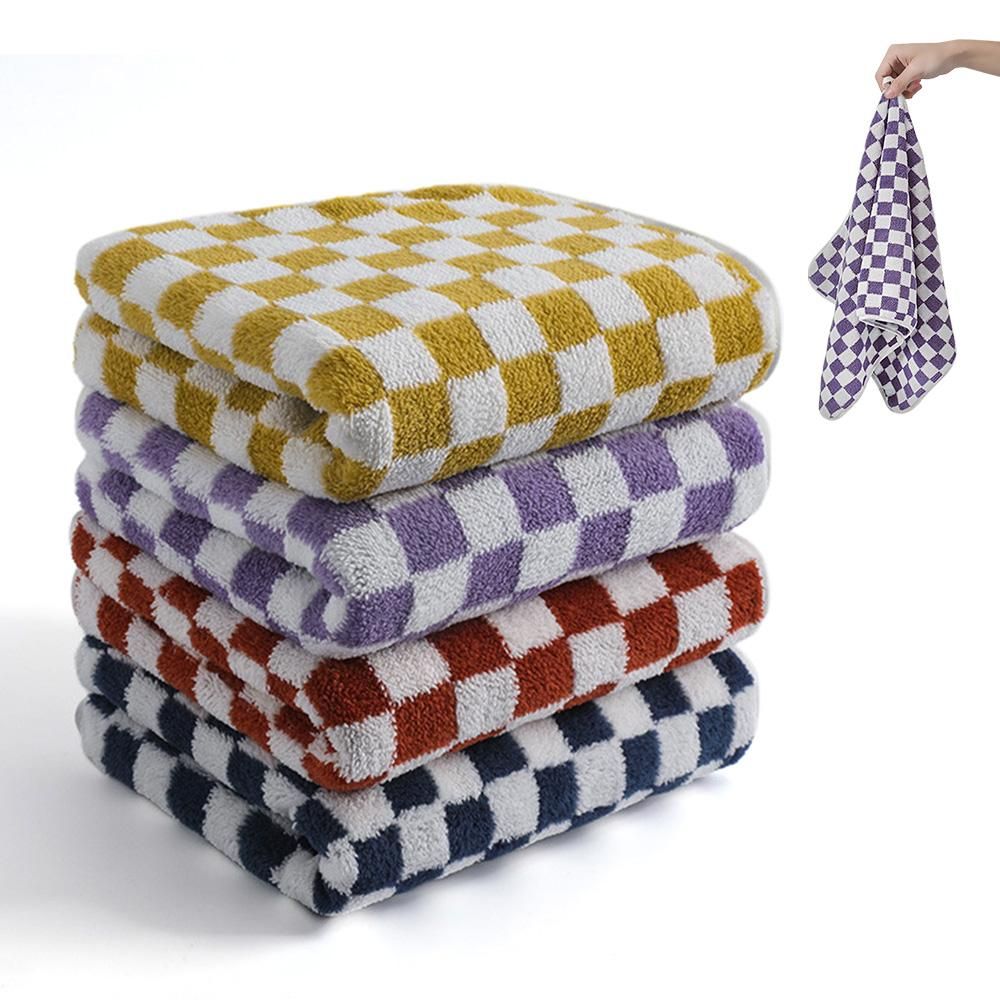 4 Piece Checkered Coral Fleece Towel Set Bath Face Towels - Yellow & Purple & Red & Blue