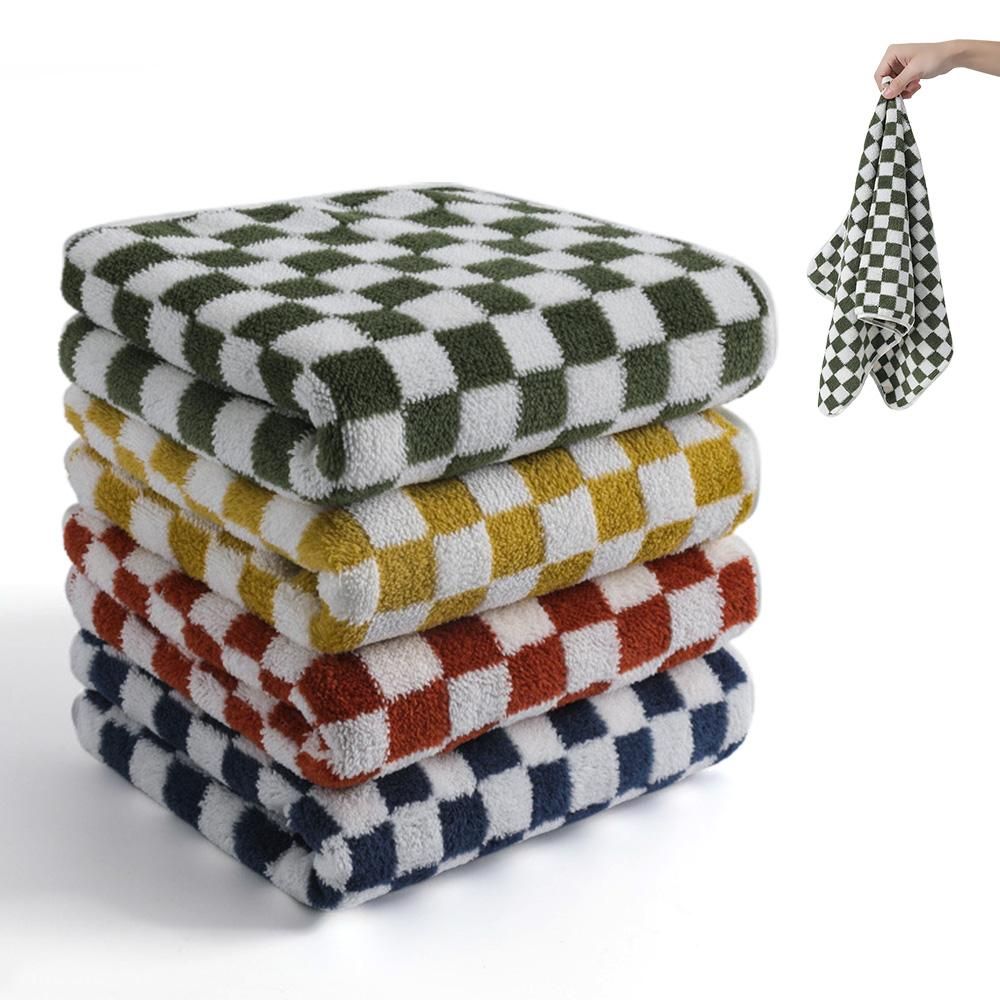 4 Piece Checkered Coral Fleece Towel Set Bath Face Towels - Green & Yellow & Red & Blue