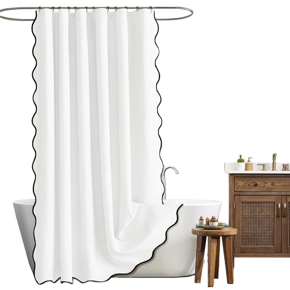Waterproof Shower Curtain Thick Boho Wavy Edge With Rustproof Hooks - White