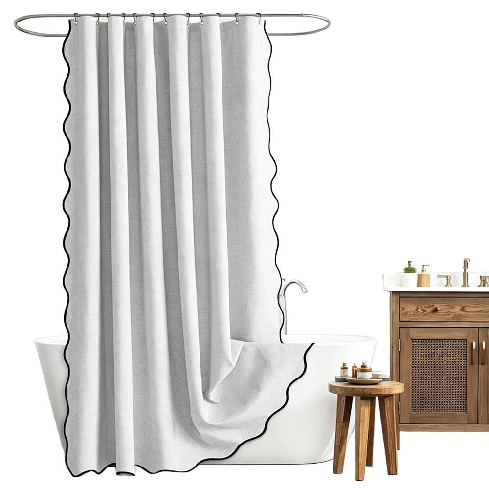 Waterproof Shower Curtain Thick Boho Wavy Edge With Rustproof Hooks - White