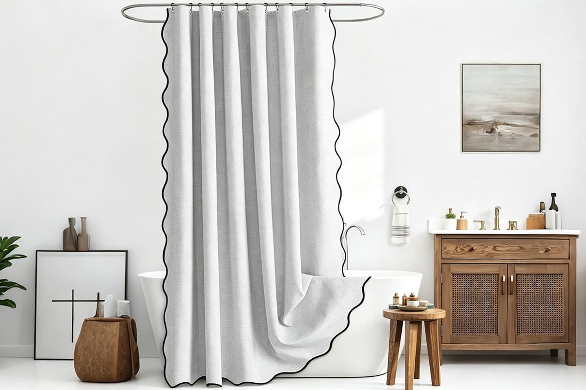 Waterproof Shower Curtain Thick Boho Wavy Edge With Rustproof Hooks - White