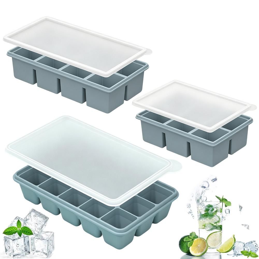 3 Pack Silicone Ice Cube Trays with Lids Large Ice Mold for Freezer - Blue
