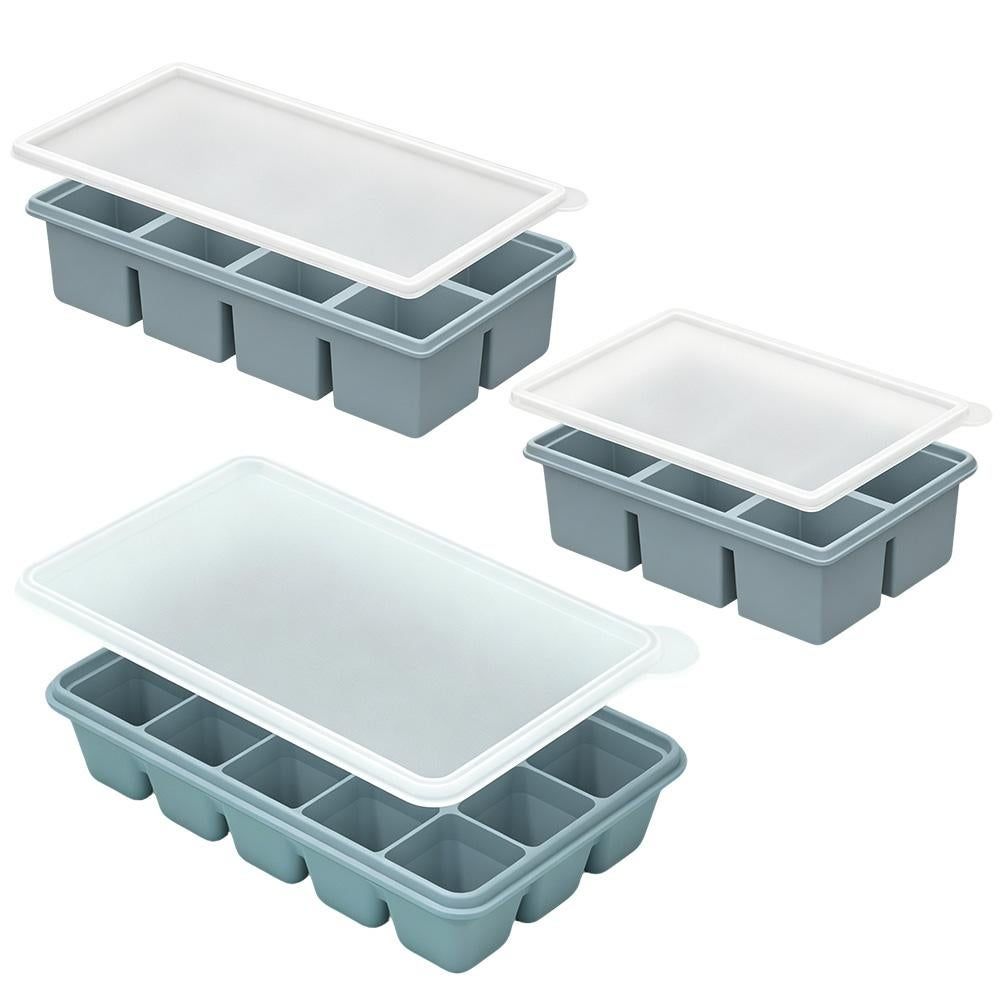 3 Pack Silicone Ice Cube Trays with Lids Large Ice Mold for Freezer - Blue