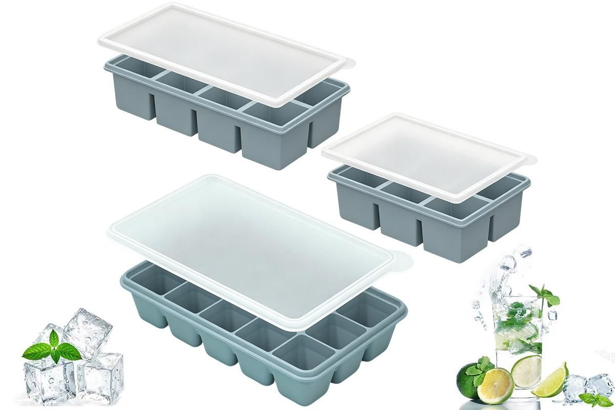 3 Pack Silicone Ice Cube Trays with Lids Large Ice Mold for Freezer - Blue
