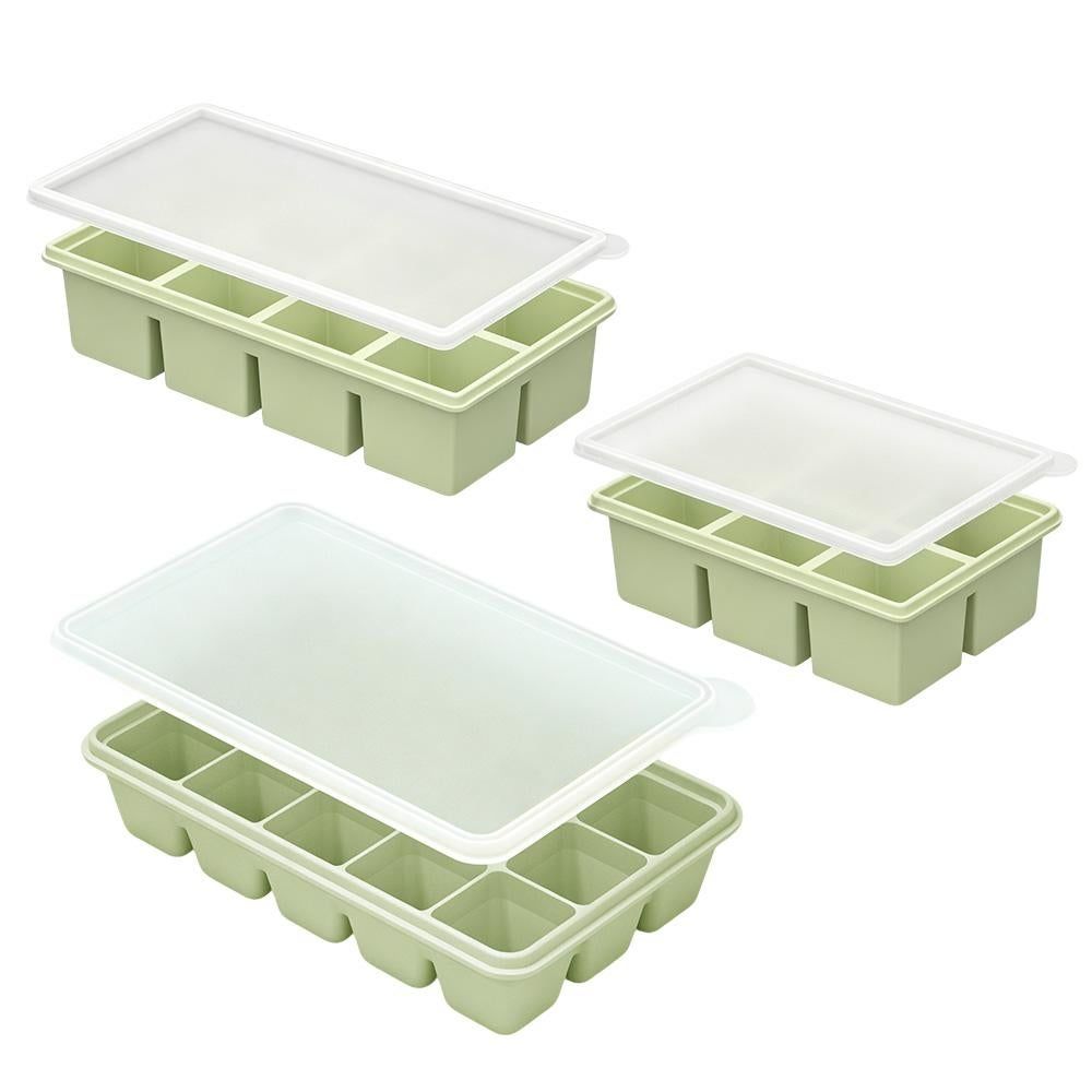 3 Pack Silicone Ice Cube Trays with Lids Large Ice Mold for Freezer - Green