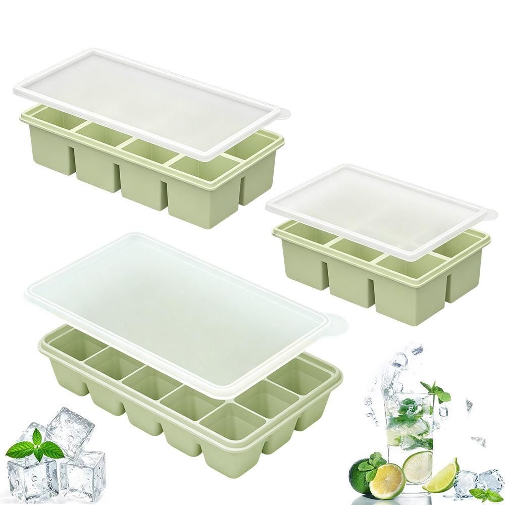 3 Pack Silicone Ice Cube Trays with Lids Large Ice Mold for Freezer - Green