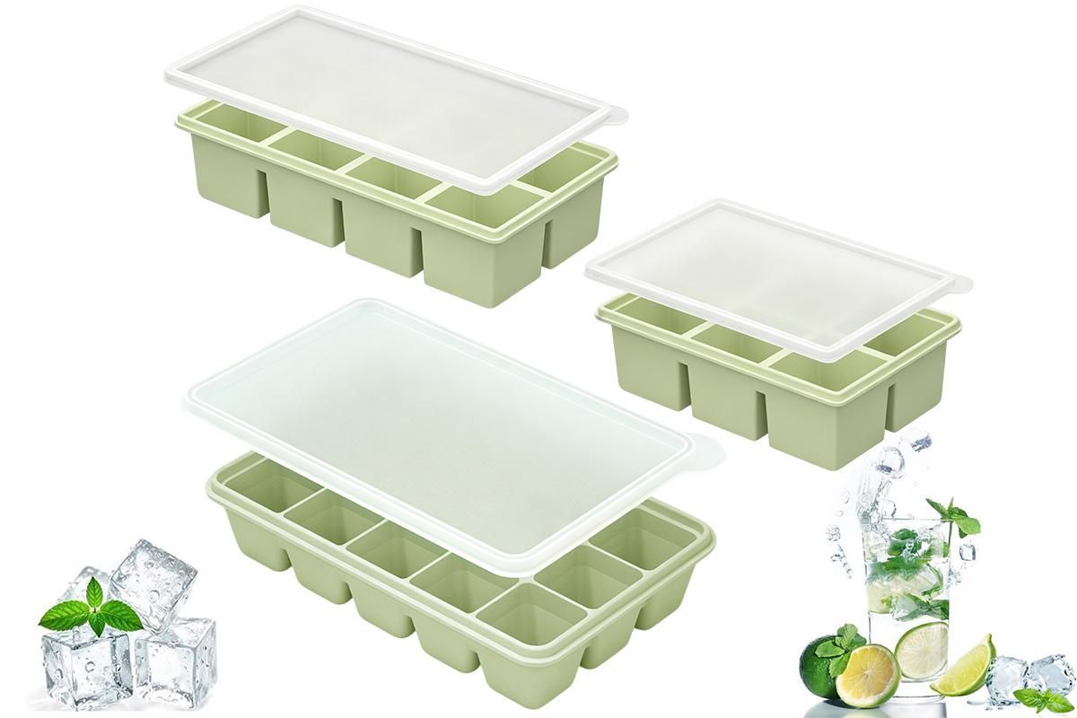 3 Pack Silicone Ice Cube Trays with Lids Large Ice Mold for Freezer - Green
