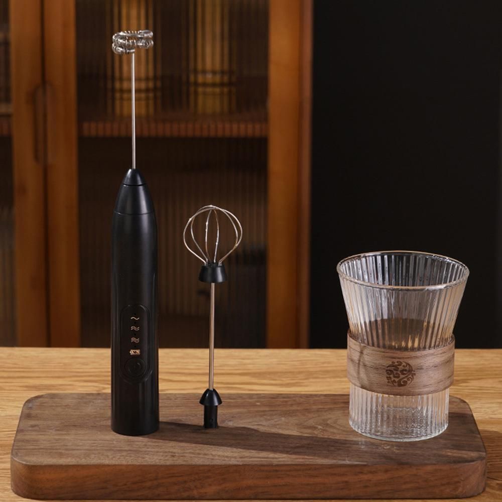 Handheld Milk Frother USB Rechargeable 3 Speeds Electric Foam Wand with 2 Whisks - Black