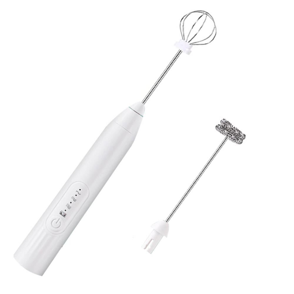 Handheld Milk Frother USB Rechargeable 3 Speeds Electric Foam Wand with 2 Whisks - White