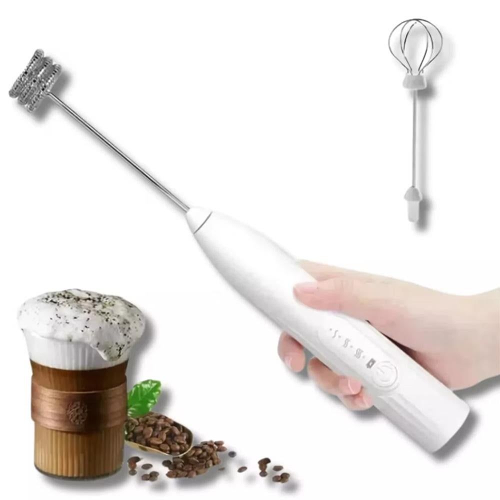 Handheld Milk Frother USB Rechargeable 3 Speeds Electric Foam Wand with 2 Whisks - White
