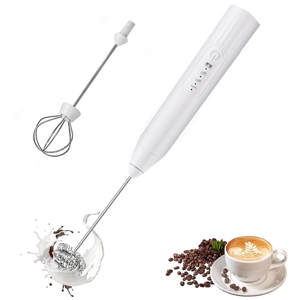 Handheld Milk Frother USB Rechargeable 3 Speeds Electric Foam Wand with 2 Whisks - White