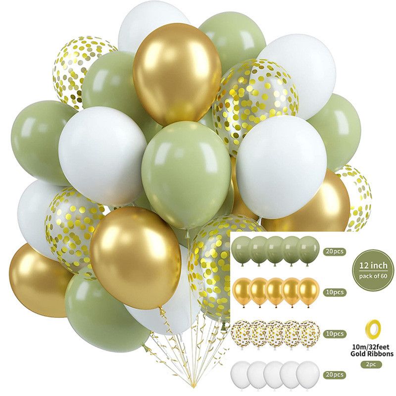 60-Piece 12-Inch Assorted Latex Balloon Set, featuring heavy-duty latex balloons + glitter balloons + ribbons. Perfect for birthday parties and weddings, with a variety of color combinations to suit any party theme—green, white, gold, and glitter.