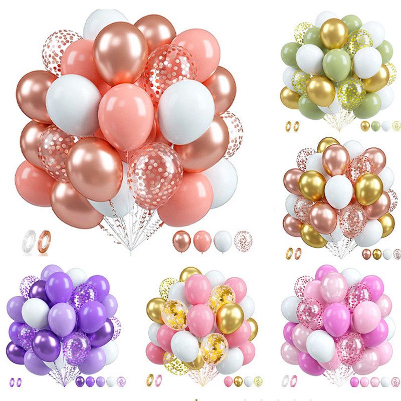 60-Piece 12-Inch Assorted Latex Balloon Set, featuring heavy-duty latex balloons + glitter balloons + ribbons. Perfect for birthday parties and weddings, with a variety of color combinations to suit any party theme—green, white, gold, and glitter.