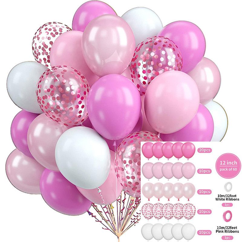 60-Piece 12-Inch Assorted Latex Balloon Set, Heavy-Duty Latex Balloons + Glitter Balloons + Ribbons, Birthday Party & Wedding Decorations, Multi-Color Combinations, Suitable for Various Party Themes - Pink + White + Glitter