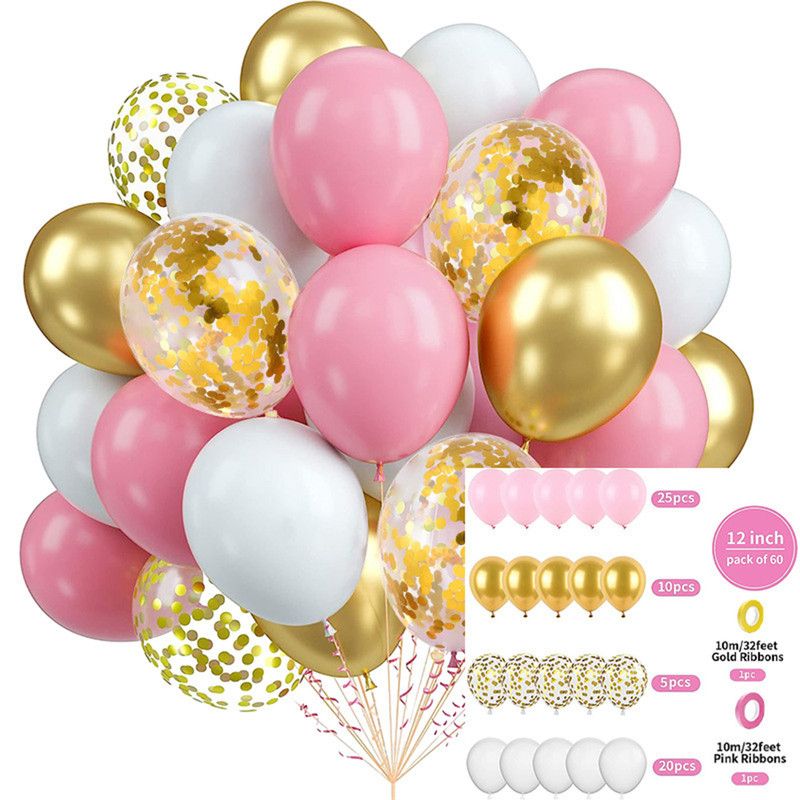 60-Piece 12-Inch Assorted Latex Balloon Set, Heavy-Duty Latex Balloons + Glitter Balloons + Ribbons, Birthday Party & Wedding Decorations, Multi-Color Combinations, Suitable for Various Party Themes - Pink + White + Gold + Glitter