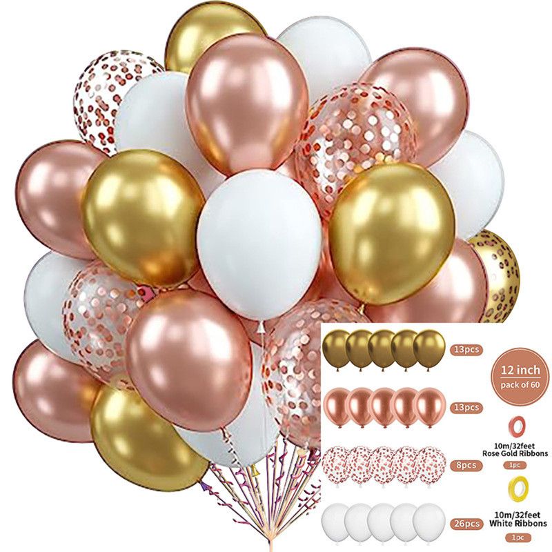 60-Piece 12-Inch Assorted Latex Balloon Set, Heavy-Duty Latex Balloons + Glitter Balloons + Ribbons, Birthday Party & Wedding Decor Balloons, Multi-Color Combinations, Suitable for Various Party Themes - Gold + White + Glitter
