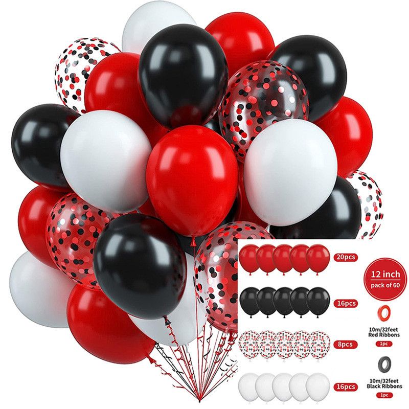 60-Piece 12-Inch Assorted Latex Balloon Set, Heavy-Duty Latex Balloons + Glitter Balloons + Ribbons, Birthday Party & Wedding Decorations, Multi-Color Combinations, Suitable for Various Party Themes - Black + Red + White + Glitter