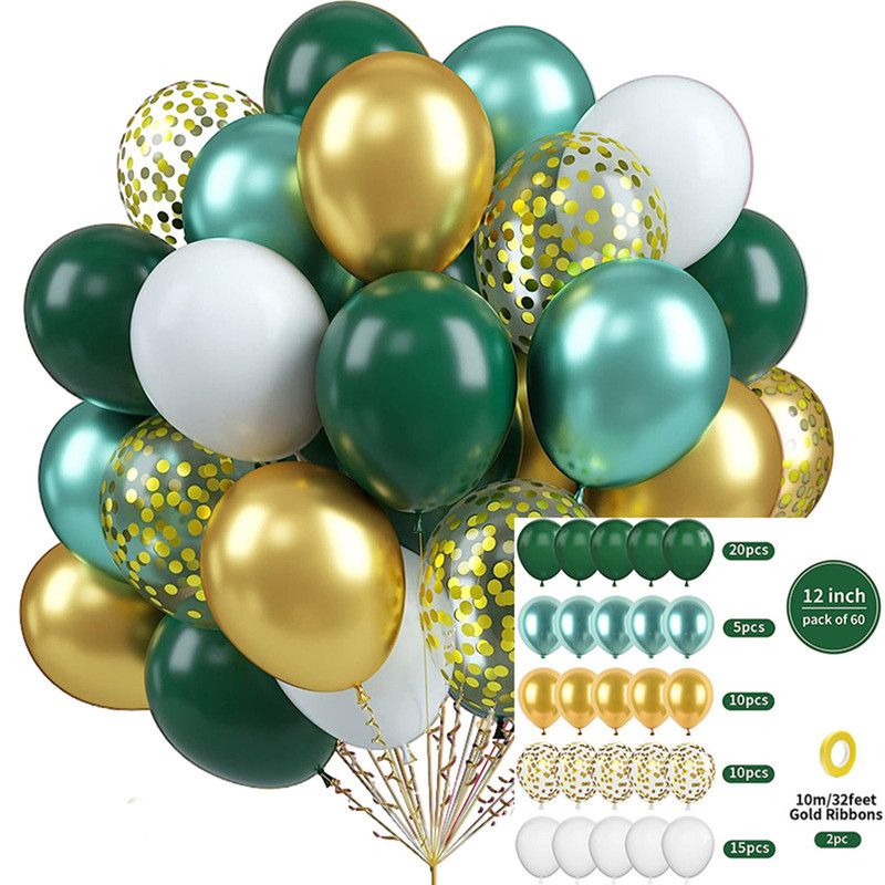60-Piece 12-Inch Assorted Latex Balloon Set, Heavy-Duty Latex Balloons + Glitter Balloons + Ribbons, Birthday Party & Wedding Decor Balloons, Multi-Color Combinations, Suitable for Various Party Themes - Dark Green + Gold + White + Glitter