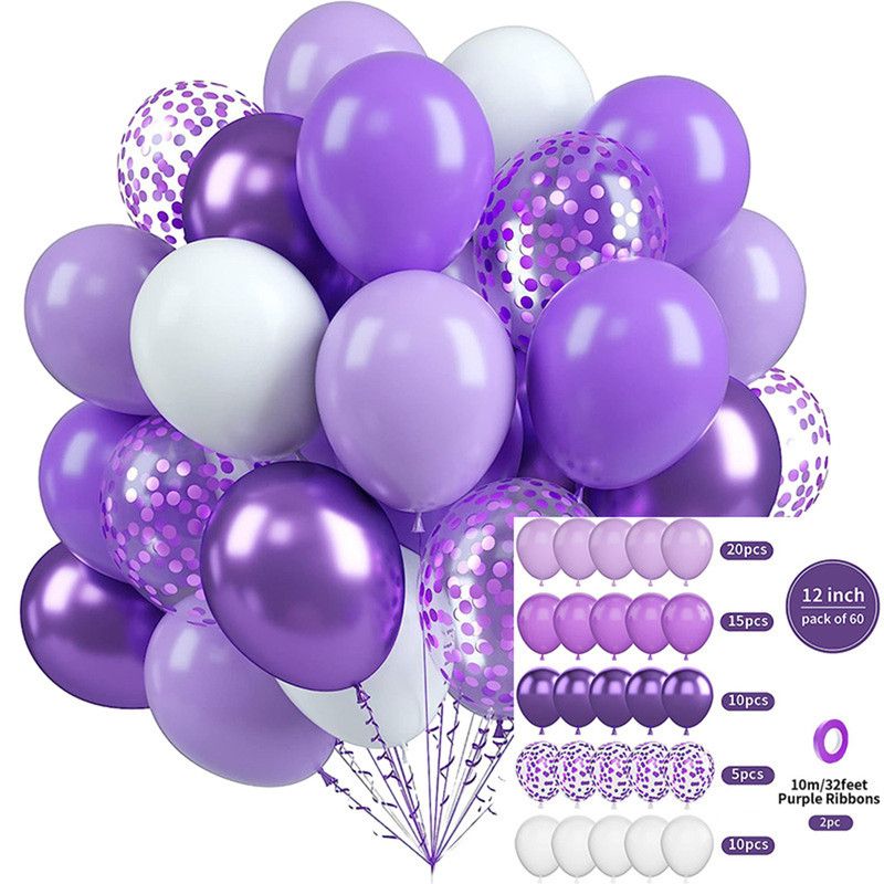 60-Piece 12-Inch Assorted Latex Balloon Set, Heavy-Duty Latex Balloons + Glitter Balloons + Ribbons, Birthday Party & Wedding Decor Balloons, Multi-Color Combinations, Suitable for Various Party Themes - Purple + White + Glitter